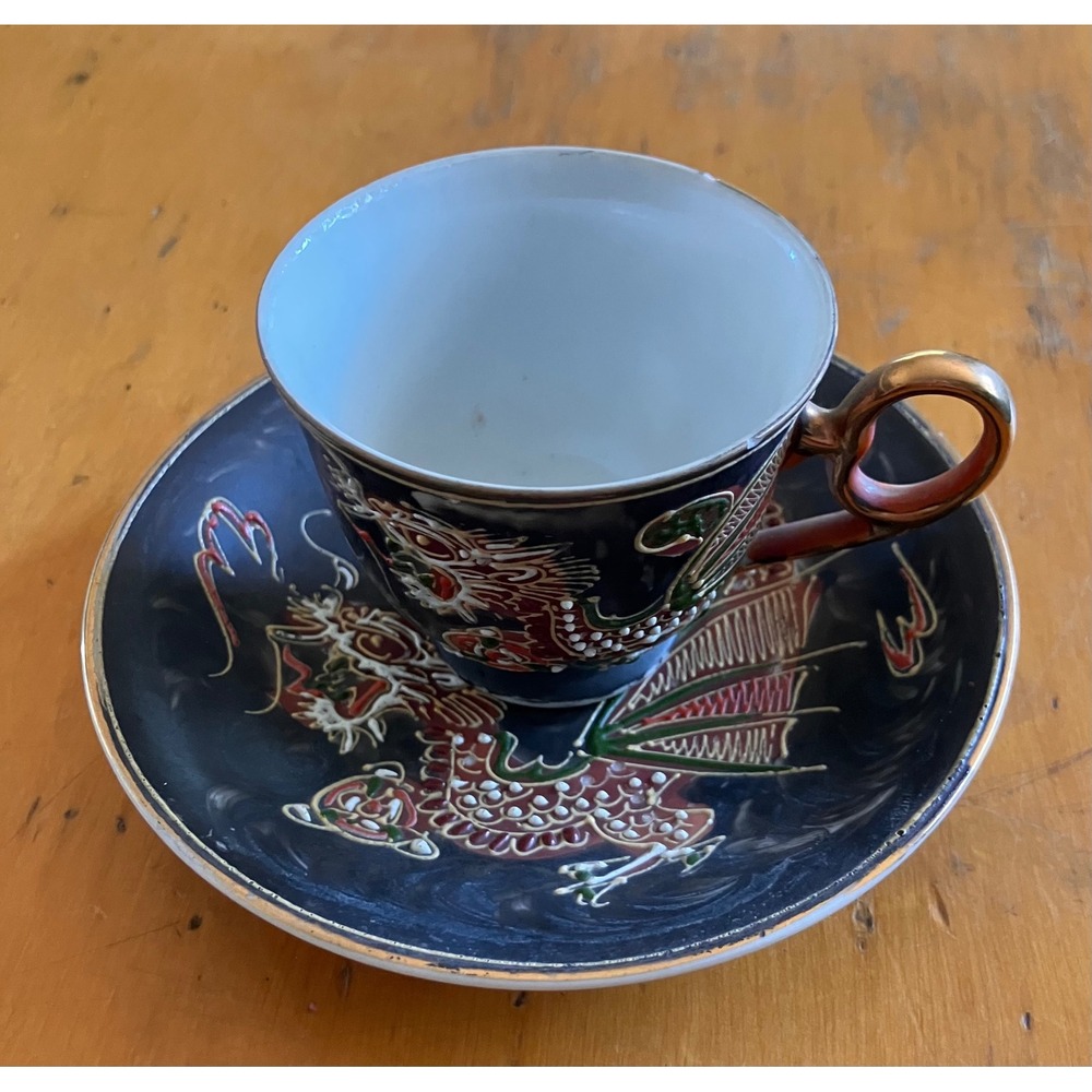 Meiko China Tea Cup Saucer Set Black Moriage Dragonware Japan - Picture 1 of 7